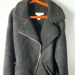 H&M Black Shearling-Lined Moto Jacket